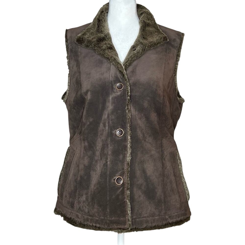 Brown Suede Leather Vest M Faux Fur Lined Granola Y2K VTG Eddie Bauer